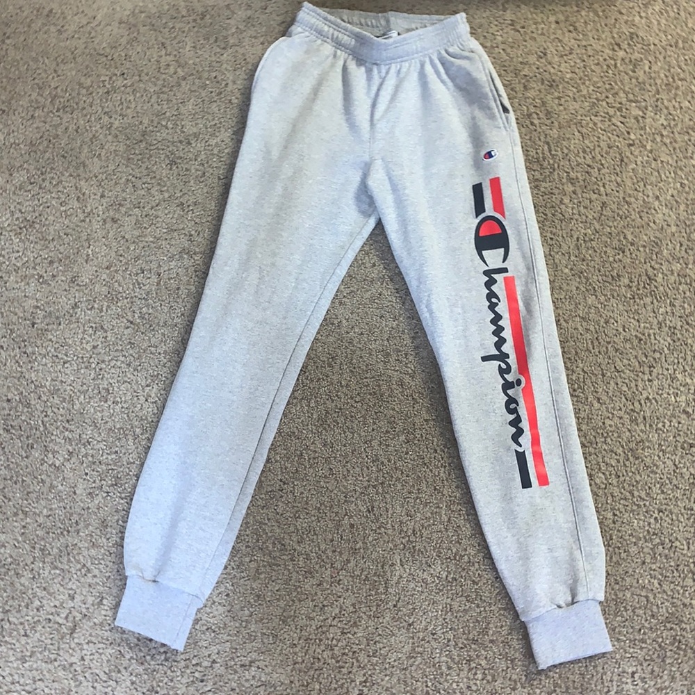 Champion Light Gray Sweatpants with Red & Black Logo